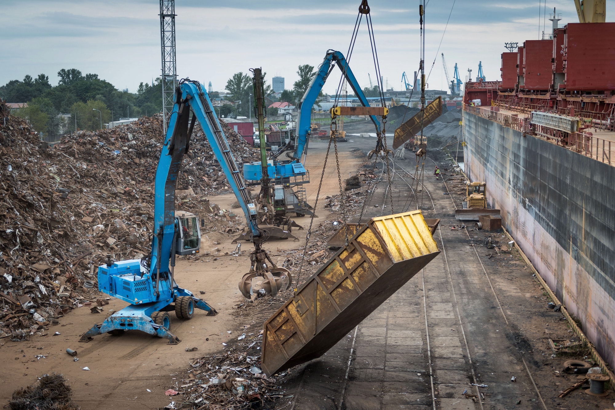 Scrap metal transshipment at the port terminal.